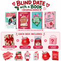 Blind Date with a Book Christmas Edition: one gift-wrapped Christmas book, one mystery hair claw clip, one hot cocoa packet and three mystery goodies. Shown books and clips are examples.