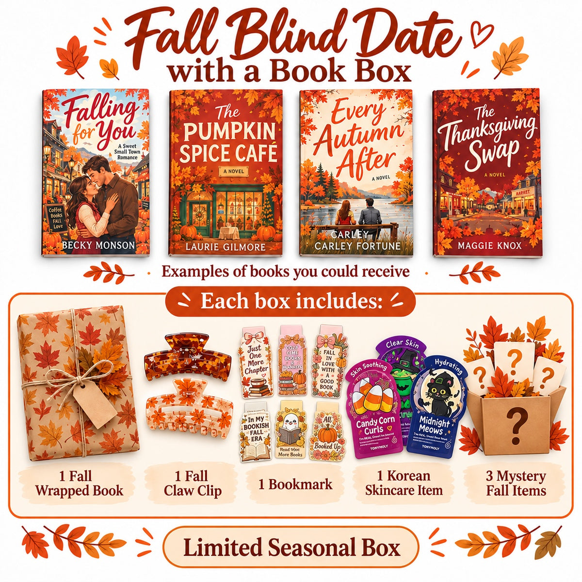 Fall Deluxe Box: one fall-wrapped book, one fall claw clip, one bookmark, one Korean skincare item, and three mystery fall items. Pictured items are examples.